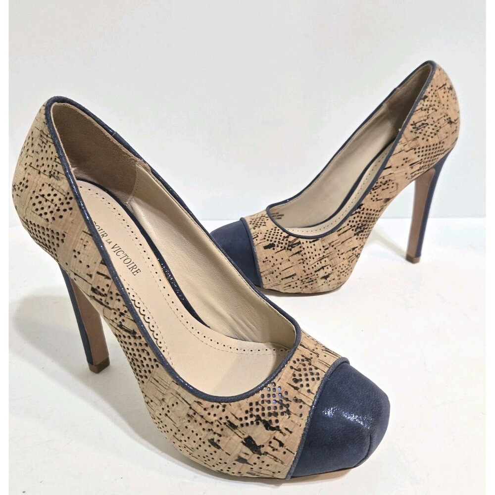 Pour La Victoire Gianni Pumps 6 Cork Leather toe Stiletto 4.5" heel 1" platform